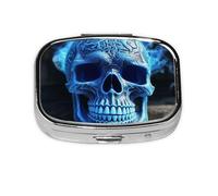 Small Pill Box Portable Pill Case 2 Compartment Metal Pill Vitamins Holder Organizer Cute 3D Print Blue Skull Travel Pillbox for Purse Pocket