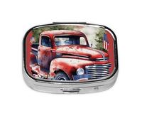 Small Pill Box Portable Pill Case 2 Compartment Metal Pill Vitamins Holder Organizer Cute 4th of July Patriotic Old Red Truck Travel Pillbox for Purse Pocket