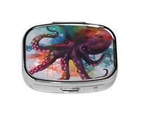 Small Pill Box Portable Pill Case 2 Compartment Metal Pill Vitamins Holder Organizer Cute Abstract Colorful Octopus Travel Pillbox for Purse Pocket