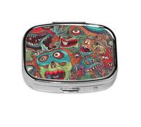 Small Pill Box Portable Pill Case 2 Compartment Metal Pill Vitamins Holder Organizer Cute Abstract Monster Travel Pillbox for Purse Pocket