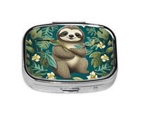 Small Pill Box Portable Pill Case 2 Compartment Metal Pill Vitamins Holder Organizer Cute Adorable Sloth Travel Pillbox for Purse Pocket