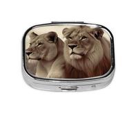 Small Pill Box Portable Pill Case 2 Compartment Metal Pill Vitamins Holder Organizer Cute African Lion and Lioness Travel Pillbox for Purse Pocket