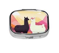 Small Pill Box Portable Pill Case 2 Compartment Metal Pill Vitamins Holder Organizer Cute Alpacas in Love in The Mountains Travel Pillbox for Purse Pocket