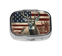Small Pill Box Portable Pill Case 2 Compartment Metal Pill Vitamins Holder Organizer Cute Americana Flag Deer Travel Pillbox for Purse Pocket
