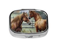 Small Pill Box Portable Pill Case 2 Compartment Metal Pill Vitamins Holder Organizer Cute Animals Embroidery Paintings Horses Travel Pillbox for Purse Pocket