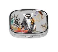 Small Pill Box Portable Pill Case 2 Compartment Metal Pill Vitamins Holder Organizer Cute Animals Lemur Flowers Pattern Travel Pillbox for Purse Pocket