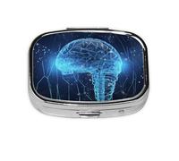 Small Pill Box Portable Pill Case 2 Compartment Metal Pill Vitamins Holder Organizer Cute Artificial Intelligence Brain Travel Pillbox for Purse Pocket