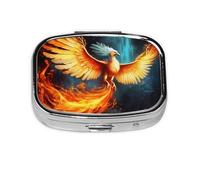 Small Pill Box Portable Pill Case 2 Compartment Metal Pill Vitamins Holder Organizer Cute Beautiful Phoenix Travel Pillbox for Purse Pocket