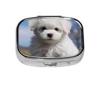 Small Pill Box Portable Pill Case 2 Compartment Metal Pill Vitamins Holder Organizer Cute Bichon Frise Dog Travel Pillbox for Purse Pocket