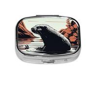 Small Pill Box Portable Pill Case 2 Compartment Metal Pill Vitamins Holder Organizer Cute Black Beaver Travel Pillbox for Purse Pocket