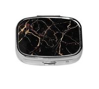 Small Pill Box Portable Pill Case 2 Compartment Metal Pill Vitamins Holder Organizer Cute Black Gold Marble Travel Pillbox for Purse Pocket
