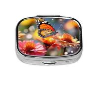 Small Pill Box Portable Pill Case 2 Compartment Metal Pill Vitamins Holder Organizer Cute Bloom Flower and Butterfly Travel Pillbox for Purse Pocket