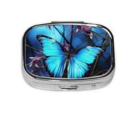 Small Pill Box Portable Pill Case 2 Compartment Metal Pill Vitamins Holder Organizer Cute Blue Butterfly and Bamboo Travel Pillbox for Purse Pocket