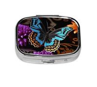 Small Pill Box Portable Pill Case 2 Compartment Metal Pill Vitamins Holder Organizer Cute Butterfly On Beautiful Flower Travel Pillbox for Purse Pocket