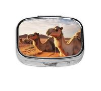 Small Pill Box Portable Pill Case 2 Compartment Metal Pill Vitamins Holder Organizer Cute Camels Rest Desert Travel Pillbox for Purse Pocket