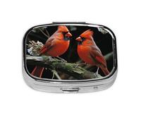 Small Pill Box Portable Pill Case 2 Compartment Metal Pill Vitamins Holder Organizer Cute Cardinals Birds Fauna Wild Travel Pillbox for Purse Pocket