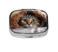 Small Pill Box Portable Pill Case 2 Compartment Metal Pill Vitamins Holder Organizer Cute Cat Under Blanket Travel Pillbox for Purse Pocket