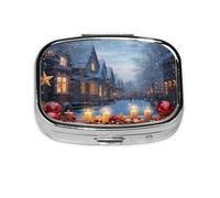 Small Pill Box Portable Pill Case 2 Compartment Metal Pill Vitamins Holder Organizer Cute Christmas Atmosphere Travel Pillbox for Purse Pocket