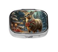 Small Pill Box Portable Pill Case 2 Compartment Metal Pill Vitamins Holder Organizer Cute Christmas Gift Reindeer Travel Pillbox for Purse Pocket