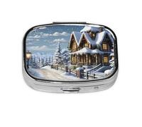 Small Pill Box Portable Pill Case 2 Compartment Metal Pill Vitamins Holder Organizer Cute Christmas Winter Happy Scene Travel Pillbox for Purse Pocket