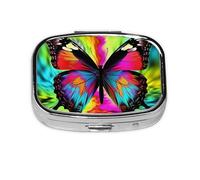 Small Pill Box Portable Pill Case 2 Compartment Metal Pill Vitamins Holder Organizer Cute Colorful Butterfly Travel Pillbox for Purse Pocket