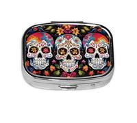 Small Pill Box Portable Pill Case 2 Compartment Metal Pill Vitamins Holder Organizer Cute Colorful Flower Skulls Travel Pillbox for Purse Pocket