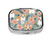 Small Pill Box Portable Pill Case 2 Compartment Metal Pill Vitamins Holder Organizer Cute Corgi Floral Flowers Spring Garden Travel Pillbox for Purse Pocket