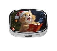 Small Pill Box Portable Pill Case 2 Compartment Metal Pill Vitamins Holder Organizer Cute Cute Cat Sing Christmas Carols Travel Pillbox for Purse Pocket