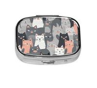 Small Pill Box Portable Pill Case 2 Compartment Metal Pill Vitamins Holder Organizer Cute Cute Funny Grey Cats Pattern Travel Pillbox for Purse Pocket