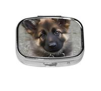 Small Pill Box Portable Pill Case 2 Compartment Metal Pill Vitamins Holder Organizer Cute Cute German Shepherd Puppy Travel Pillbox for Purse Pocket