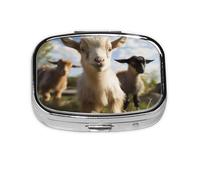 Small Pill Box Portable Pill Case 2 Compartment Metal Pill Vitamins Holder Organizer Cute Cute Goat Travel Pillbox for Purse Pocket