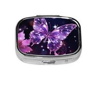 Small Pill Box Portable Pill Case 2 Compartment Metal Pill Vitamins Holder Organizer Cute Cute Purple Butterfly Travel Pillbox for Purse Pocket