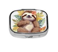 Small Pill Box Portable Pill Case 2 Compartment Metal Pill Vitamins Holder Organizer Cute Cute Sloth Leaves Travel Pillbox for Purse Pocket