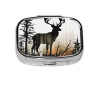 Small Pill Box Portable Pill Case 2 Compartment Metal Pill Vitamins Holder Organizer Cute Deer Silhouette Travel Pillbox for Purse Pocket
