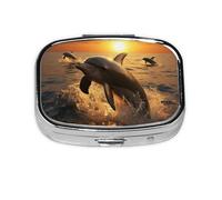 Small Pill Box Portable Pill Case 2 Compartment Metal Pill Vitamins Holder Organizer Cute Dolphin and Sunset Travel Pillbox for Purse Pocket