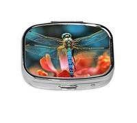 Small Pill Box Portable Pill Case 2 Compartment Metal Pill Vitamins Holder Organizer Cute Dragonfly On The Flower Travel Pillbox for Purse Pocket