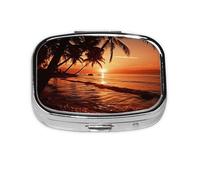 Small Pill Box Portable Pill Case 2 Compartment Metal Pill Vitamins Holder Organizer Cute Dusk Tropical Beach Palm Travel Pillbox for Purse Pocket
