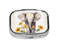 Small Pill Box Portable Pill Case 2 Compartment Metal Pill Vitamins Holder Organizer Cute Elephant and Sunflower(1) Travel Pillbox for Purse Pocket