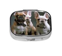Small Pill Box Portable Pill Case 2 Compartment Metal Pill Vitamins Holder Organizer Cute French Bulldog Puppies Travel Pillbox for Purse Pocket