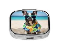 Small Pill Box Portable Pill Case 2 Compartment Metal Pill Vitamins Holder Organizer Cute French Bulldog Summer Travel Pillbox for Purse Pocket