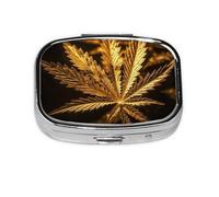 Small Pill Box Portable Pill Case 2 Compartment Metal Pill Vitamins Holder Organizer Cute Golden Cannabis Travel Pillbox for Purse Pocket