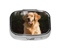 Small Pill Box Portable Pill Case 2 Compartment Metal Pill Vitamins Holder Organizer Cute Golden Retriever Dog Travel Pillbox for Purse Pocket