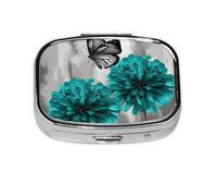 Small Pill Box Portable Pill Case 2 Compartment Metal Pill Vitamins Holder Organizer Cute Gray Teal Flower Butterfly Travel Pillbox for Purse Pocket