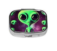 Small Pill Box Portable Pill Case 2 Compartment Metal Pill Vitamins Holder Organizer Cute Green Alien1 Travel Pillbox for Purse Pocket