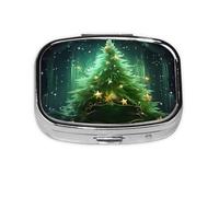 Small Pill Box Portable Pill Case 2 Compartment Metal Pill Vitamins Holder Organizer Cute Green Christmas Tree Travel Pillbox for Purse Pocket