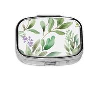 Small Pill Box Portable Pill Case 2 Compartment Metal Pill Vitamins Holder Organizer Cute Green Flower Watercolor Herb Sage Leaves and Branches Travel Pillbox for Purse Pocket