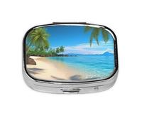 Small Pill Box Portable Pill Case 2 Compartment Metal Pill Vitamins Holder Organizer Cute Hawaiian Beach with Palm Trees Travel Pillbox for Purse Pocket