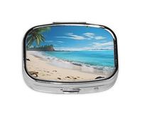 Small Pill Box Portable Pill Case 2 Compartment Metal Pill Vitamins Holder Organizer Cute Hawaiian Beach with Palm Trees Travel Pillbox for Purse Pocket