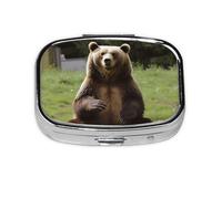Small Pill Box Portable Pill Case 2 Compartment Metal Pill Vitamins Holder Organizer Cute Hi Bear Sit On The Lawn Travel Pillbox for Purse Pocket