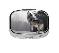 Small Pill Box Portable Pill Case 2 Compartment Metal Pill Vitamins Holder Organizer Cute Howling Wolf Travel Pillbox for Purse Pocket